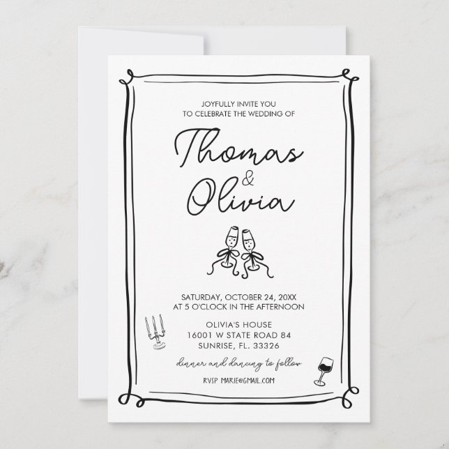 Invitations de mariage fantasque dessinées à la ma (Devant)