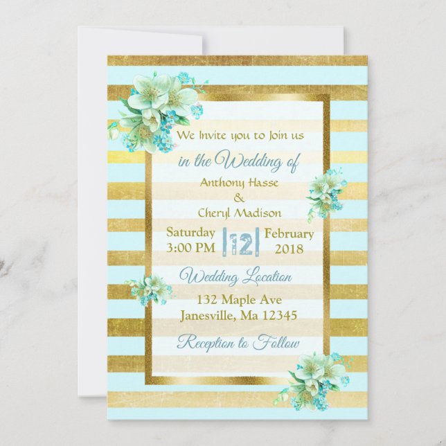 Invitations de mariage Floral Bleu et Or (Devant)