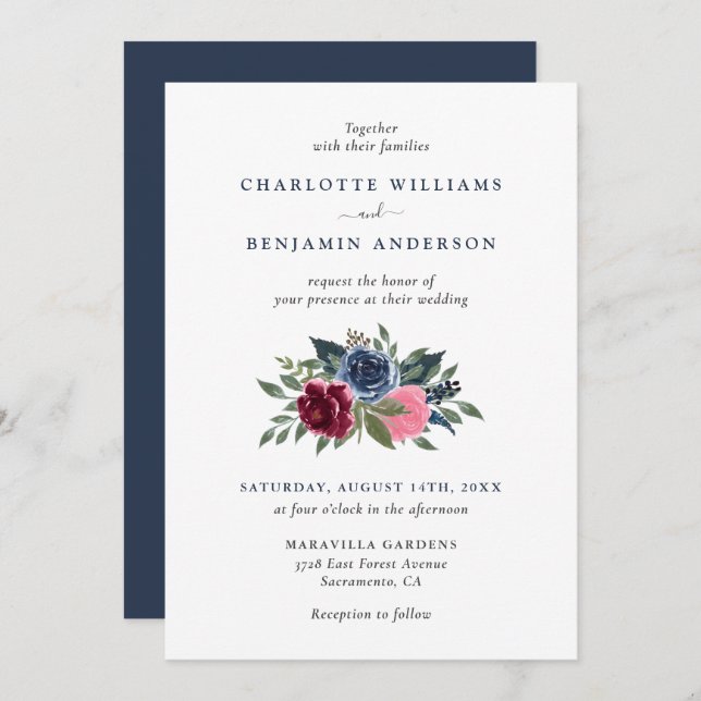 Invitations de mariage floral bleu marine et borde (Devant / Derrière)