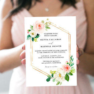 Invitations De Mariage Floral Blush Et Gold, Éléga
