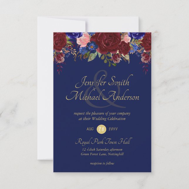 Invitations de mariage floral de la marine de Bour (Devant)