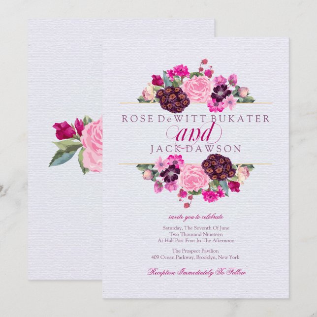 Invitations de mariage floral Fuchsia et Plum (Devant / Derrière)