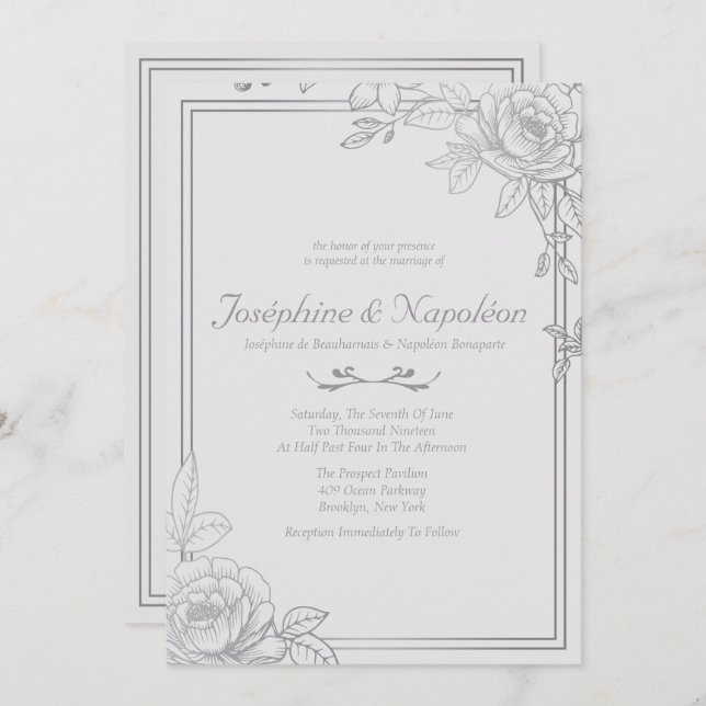 Invitations de mariage floral gris argent (Devant / Derrière)