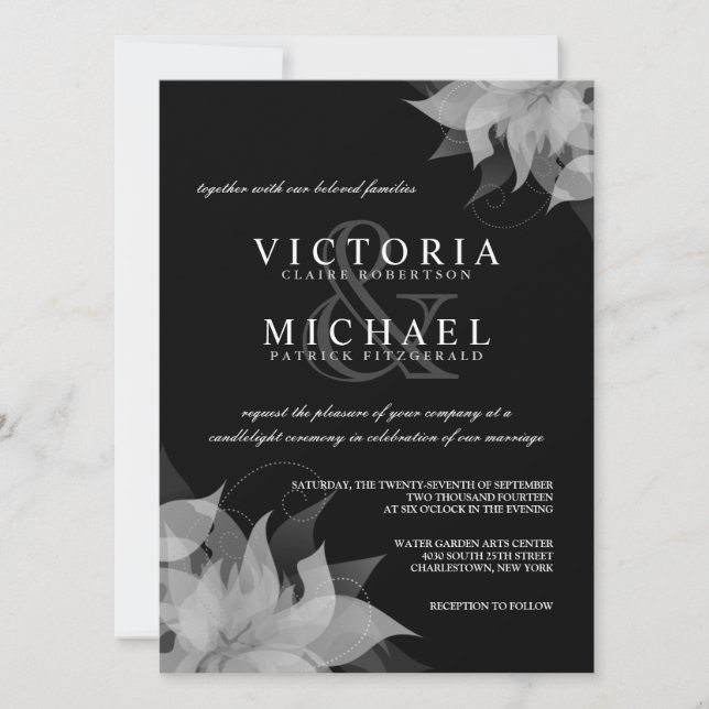 Invitations de mariage floral noir et blanc (Devant)