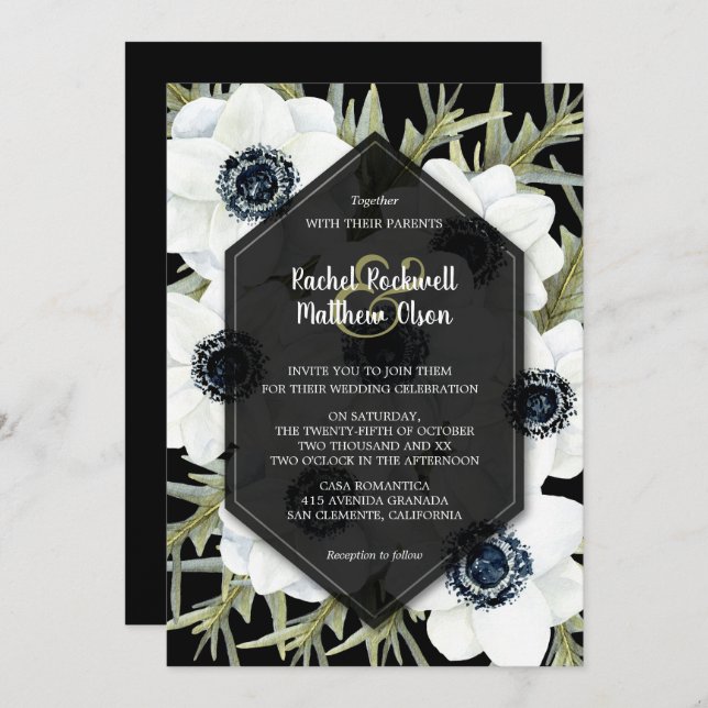 Invitations de mariage floral noir et blanc (Devant / Derrière)