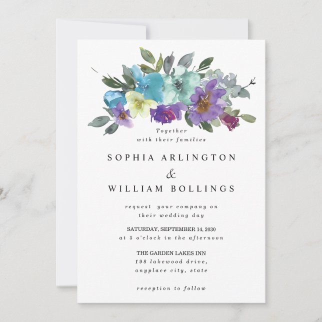 Invitations de mariage floral pourpre et Turquoise (Devant)
