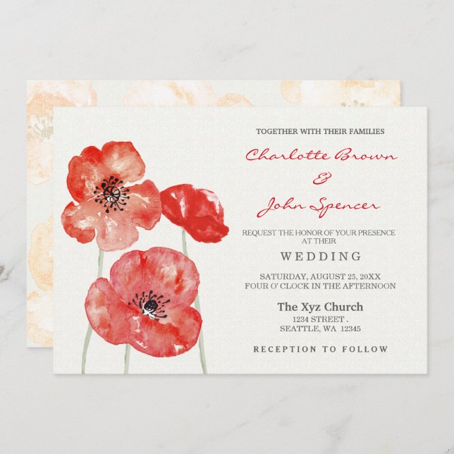 Invitations de mariage floral Red Poppy (Devant / Derrière)