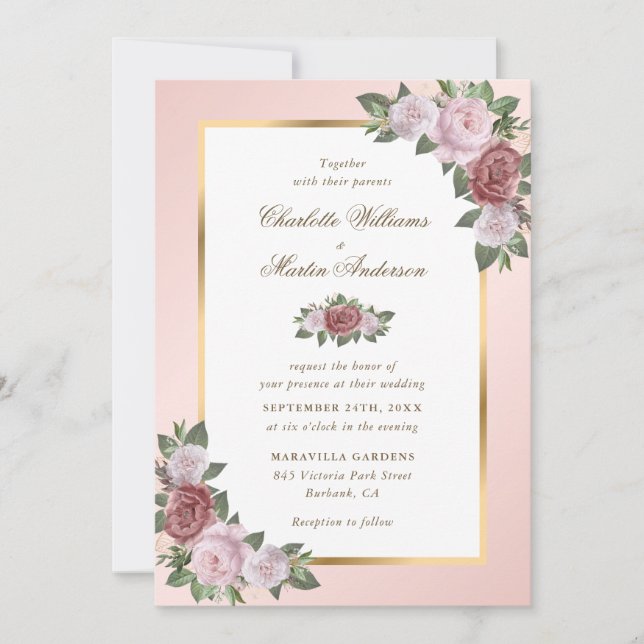 Invitations de mariage floral rose et or (Devant)