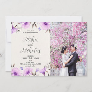 Invitations de mariage floral violet avec photo