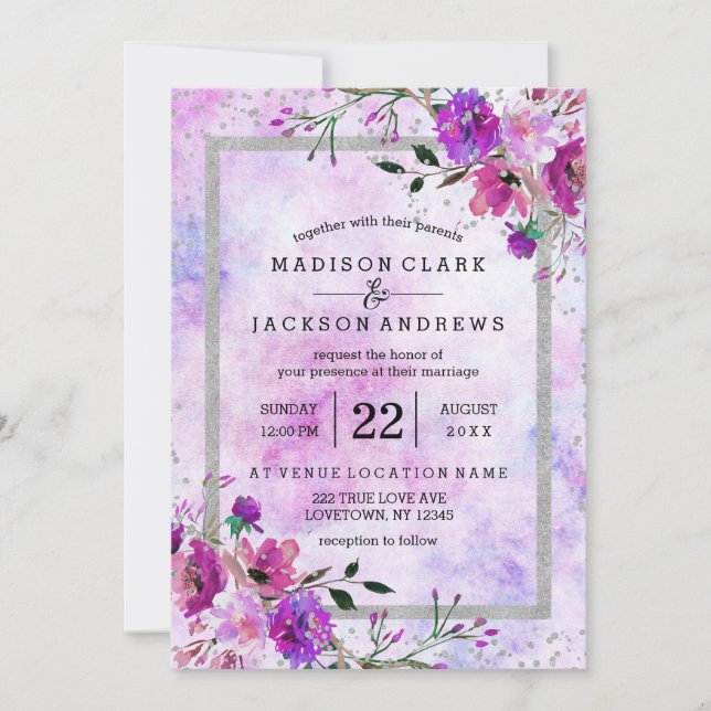 Invitations de mariage florales et argentées viole (Devant)