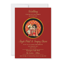 Invitations de mariage hindou Red Gold Cartoon Cou