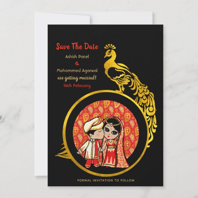 Invitations de mariage hindou Red Gold Cartoon Cou (Devant)