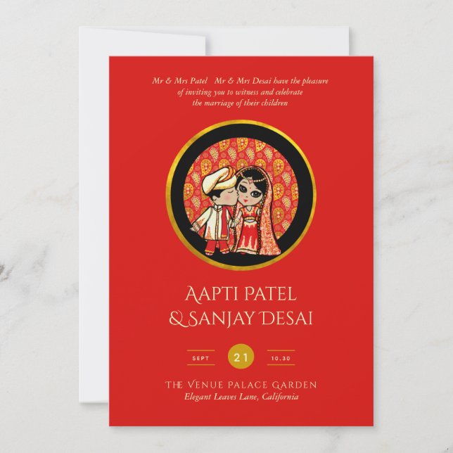 Invitations de mariage hindou Red Gold Cartoon Cou (Devant)