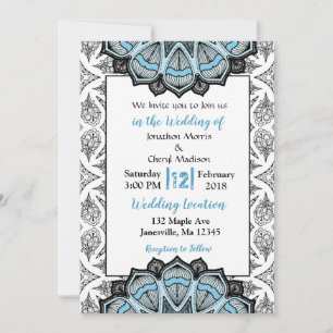 Invitations de mariage Mandala bleu, noir et blanc