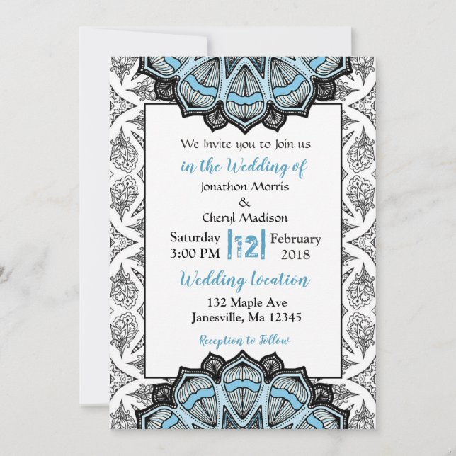Invitations de mariage Mandala bleu, noir et blanc (Devant)