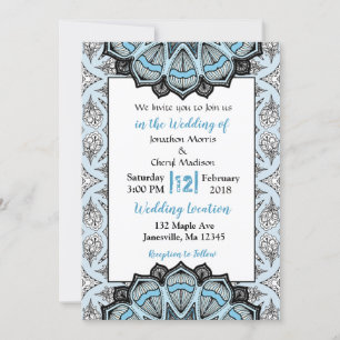 Invitations de mariage Mandala bleu, noir et blanc
