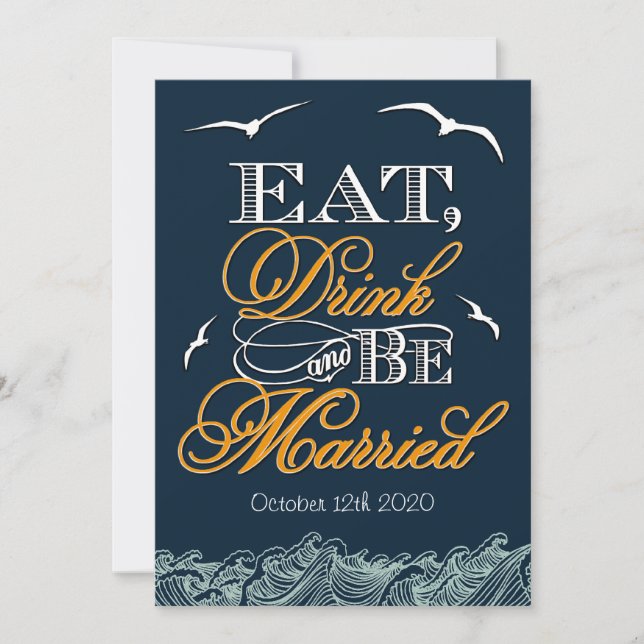 Invitations de mariage marine bleu et orange (Devant)