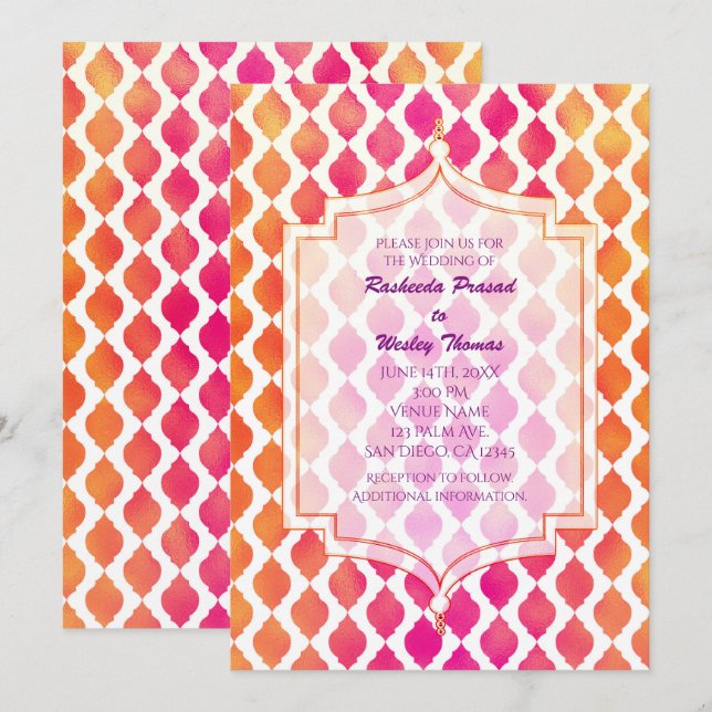 Invitations de mariage marocain rose et orange (Devant / Derrière)