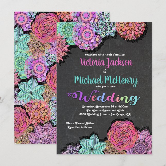 Invitations de mariage mexicain Fiesta Floral Mand (Devant / Derrière)