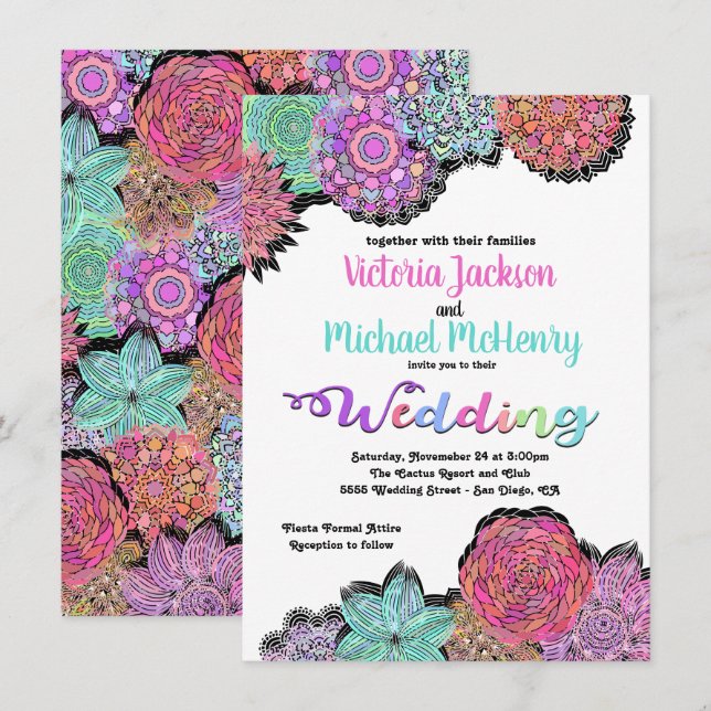 Invitations de mariage mexicain Fiesta Floral Mand (Devant / Derrière)