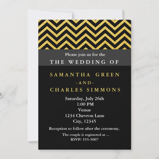 Invitations de mariage moderne Chevron Black & Gol (Devant)
