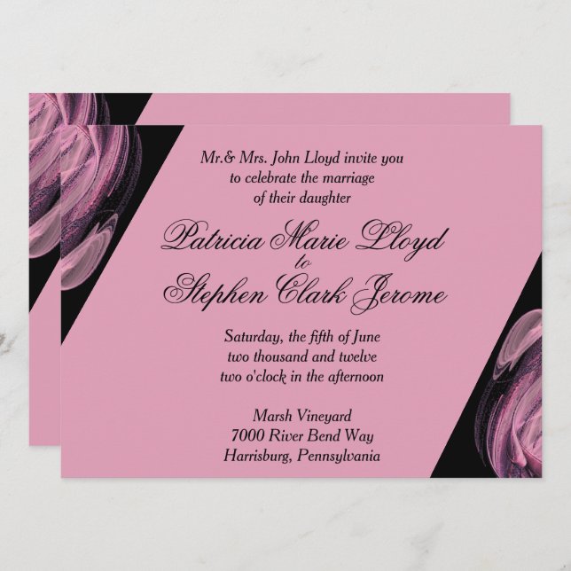 Invitations de mariage moderne noir et rose (Devant / Derrière)