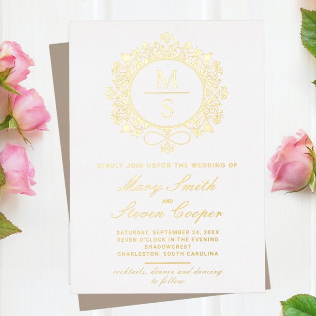 Invitations de mariage Monogramme doré (I wish you happiness!)