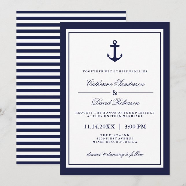 Invitations de mariage nautique avec des rayures d (Devant / Derrière)