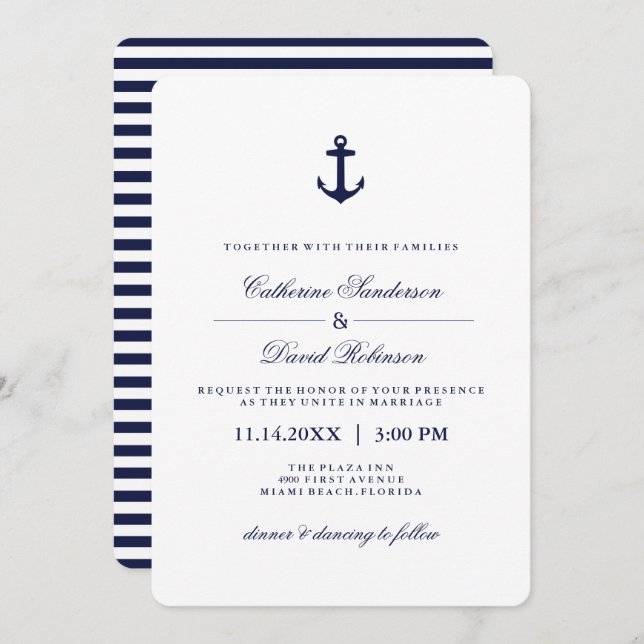 Invitations de mariage nautique avec des rayures d (Devant / Derrière)