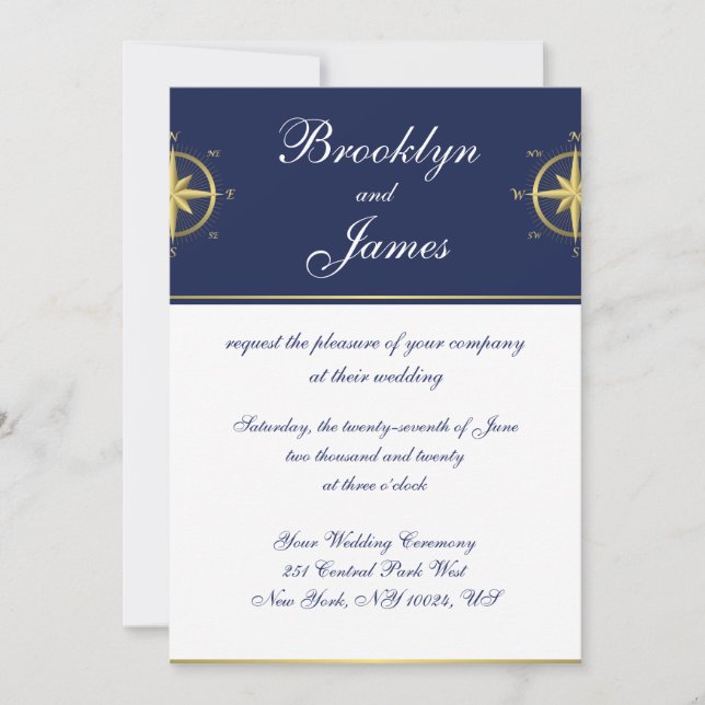 Invitations de mariage nautique Gold Compass (Devant)