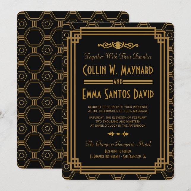 Invitations de mariage noir Art Déco (Devant / Derrière)