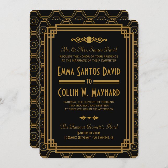 Invitations de mariage noir Art Déco (Devant / Derrière)