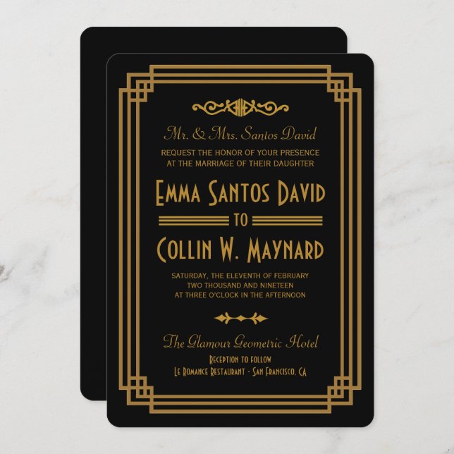 Invitations de mariage noir Art déco simple (Devant / Derrière)