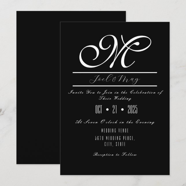 Invitations de mariage noir et blanc (Devant / Derrière)