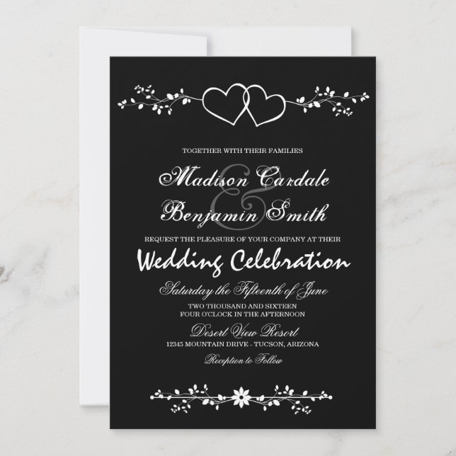 Invitations de mariage noir et blanc double coeur (Devant)