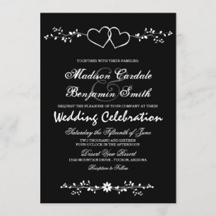 Invitations de mariage noir et blanc double coeur