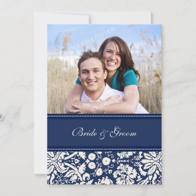 Invitations de mariage photo Crème bleue Damas (Devant)