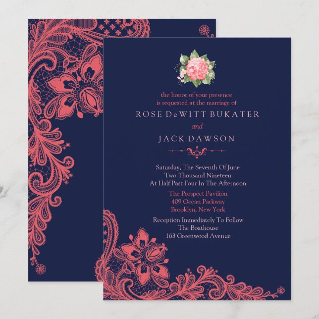 Invitations de mariage pour la marine et le corail (Devant / Derrière)
