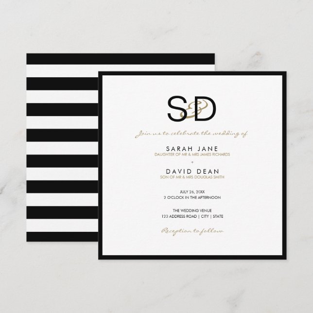 Invitations de mariage pour le monogramme noir et  (Devant / Derrière)