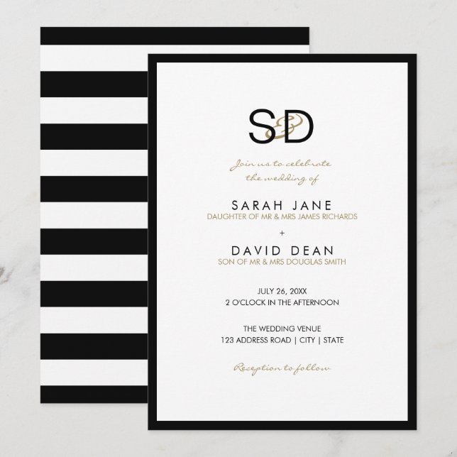 Invitations de mariage pour le monogramme noir et  (Devant / Derrière)