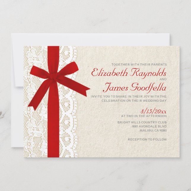 Invitations de mariage Red Bow & Lace (Devant)