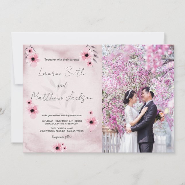 Invitations de mariage rose avec photo (Devant)