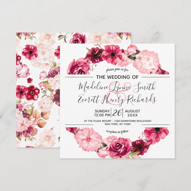 Invitations de mariage rose et bordeaux à couronne (Devant / Derrière)