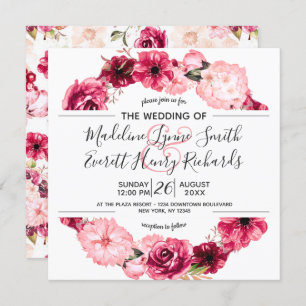 Invitations de mariage rose et bordeaux à couronne
