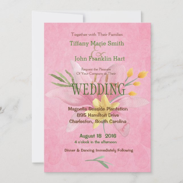 Invitations de mariage rose et jaune aquarelle (Devant)