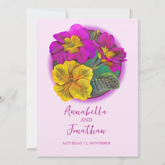 Invitations de mariage rose et jaune primrose (Devant)