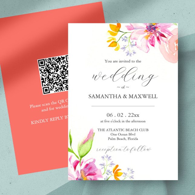 Invitations de mariage rose et orange avec code QR (pink and orange wedding invitations unique watercolor floral art by Victoria Grigaliunas)