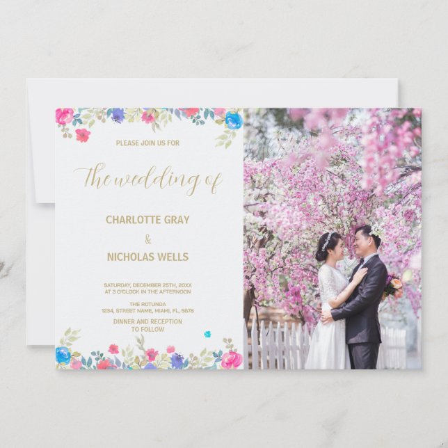 Invitations de mariage rose Fleur avec photo (Devant)