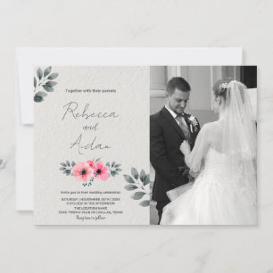 Invitations de mariage rose floral avec photo
