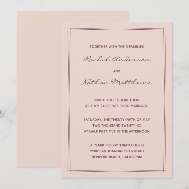 Invitations de mariage rose Gold Rose / Fig Enk En (Devant / Derrière)